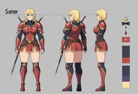 multiple views of the same character, model sheet, chatacter sheet, orthogonal  turnaround, feminine looking, warrior, simple Armor, large breasts