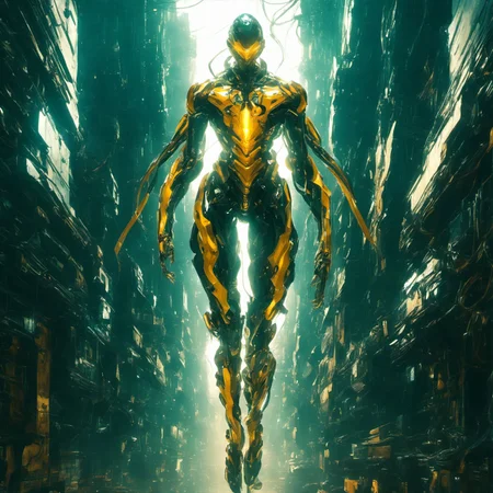 FUNDING,future,concept robot,1boy,full body,male focus,glowing,science fiction,<lora:FN_WeiLai:1.2>,an exaggerated posture,there are many metal hollows in the body,cyberpunk city,