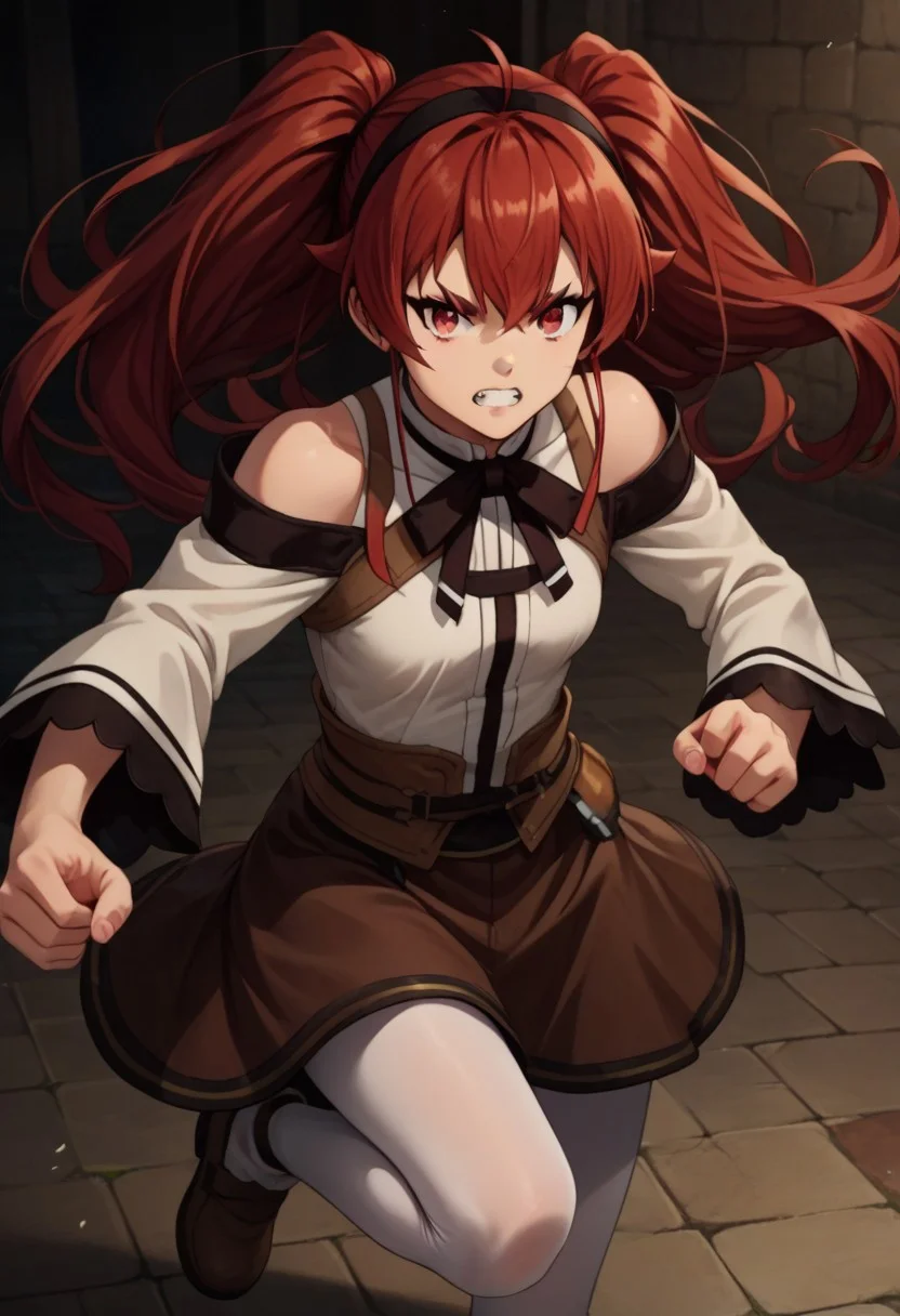 eris greyrat, ahoge, hair between eyes, long hair, red eyes, red hair, sidelocks, small breasts, twintails, black hairband, black ribbon, brown skirt, hairband, long sleeves, neck ribbon, pantyhose, ribbon, shirt, shoulder cutout, skirt, white pantyhose, white shirt, wide sleeves, fighting stance, girl attacking the viewer, incoming attack:1.8, attack, clenched teeth, 1girl, solo, high quality, score_9, score_8, score_7, score_8_up, score_7_up, score_6_up