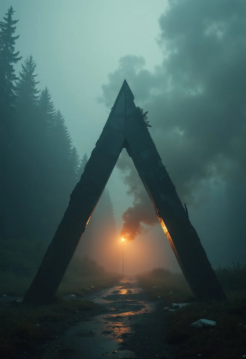 Create an image that only uses triangle forms. Incorporate smoke and fog. The composition should feel haphazard and raw, evoking odd charm. Atmospheric light.