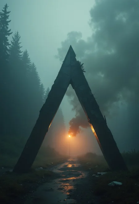 Create an image that only uses triangle forms. Incorporate smoke and fog. The composition should feel haphazard and raw, evoking odd charm. Atmospheric light.