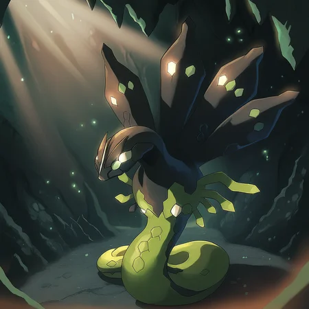 Score_7_up, score_8_up, full body, pokemon (creature), zygarde50, serpentine, snake, in a cave, detailed background, light flowing in, sunlight, dark cave, dust particles, godrays, stalagmites, sparkles,