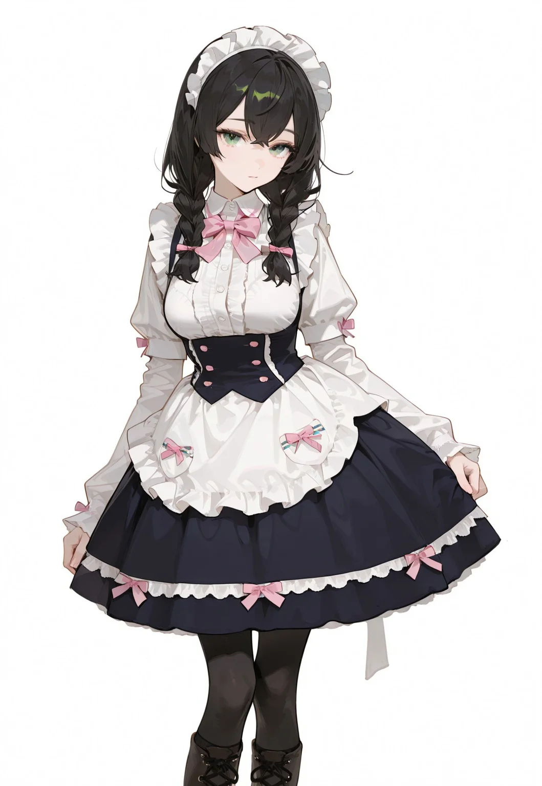 masterpiece, best quality, hyper-realistic, ultra-HD, luminous lighting, cinematic ambiance, shimmering gradients, ethereal glow, deep contrast, rich color tones, seductive atmosphere, captivating sensuality, Cinematic Lighting, raytracing, volumetric lighting, ambient occlusion, very awa, absurdres, amazing quality, ultra-detailed,8K,illustration,CG,
BREAK
shiny hair, clear skin, ultra-detailed-eyes, simple background, white background, cute girl, eyelashes, slender, large breasts, (mature female), slim body, long lushes, long legs, flat stomach, usnr, SagawaStyle,
BREAK
h_chifuyu,twin braids,green eyes, c_clothes,long_sleeves,white sleeves,blue jacket,blue skirt,black_pantyhose,black socks,lace-up boots,
BREAK
maid dress, pink bow, frills, short sleeves, maid headdress,