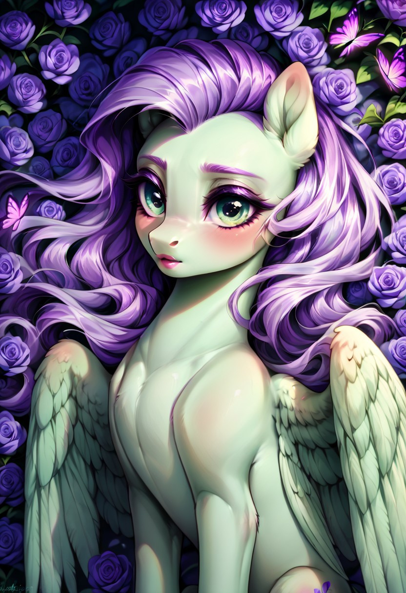 masterpiece, score_9, score_8_up, score_7_up, score_6_up, (best quality:1.1), ultra-detailed, high resolution, (ANTHOR), (ANTHROPOMORPHIC),  (Feral pony), (SOLO), (1WOMEN), (PEGASUS), ((LAVENDER TEA)), (highly detailed pony face:1.5), (pony nuzzle), (beautiful detailed pale green shiny eyes), (long detailed eyelashes:1.3), (soft blush:1.5), (shiny soft lips:1.2), (detailed extremely long pastel purple hair:1.9), (light purple hair:1.7), (pale purple flowers:1.5), (detailed pastel green fur:1.5), (shy expression:1.3), ((pastel purple flowers and butterflies background:1.7)), (laying down on purple bed), (pastel purple butterflies:1.5), (flat chest:1.2), (skinny figure:1.1), (open wings), high quality, sharp, the quality of ai art is frightening, highly detailed, Highly Visible, sharp focus, high detail, detailed background,