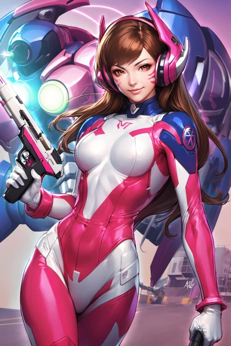 1girl,d.va (overwatch),solo,brown hair,weapon,long hair,gun,bodysuit,mecha,brown eyes,whisker markings,robot,facial mark,gloves,pilot suit,headphones,smile,handgun,white gloves,lips,bangs,holding weapon,standing,holding gun,signature,nose,<lora:Artgerm_XL:0.8>,