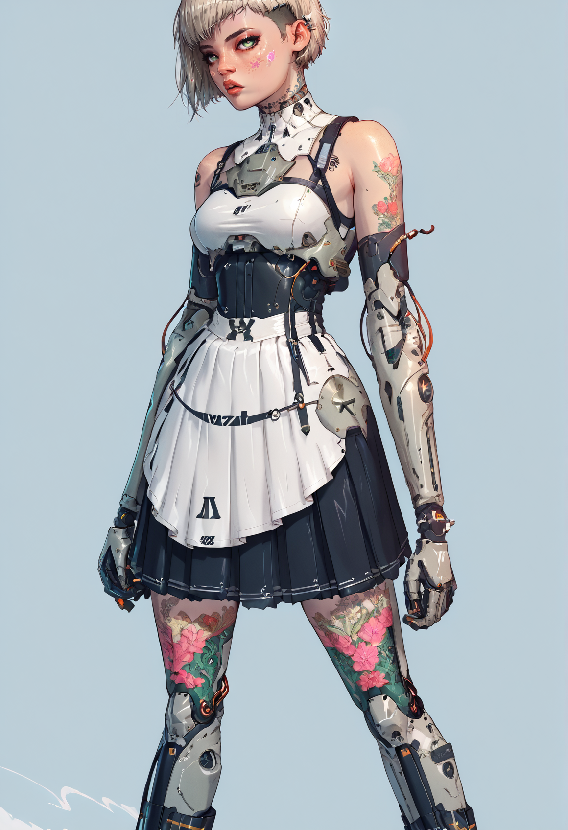 score_9,score_8_up,score_7_up,score_6_up,score_5_up,score_4_up,1 girl,solo,female focus,looking at the spectator,(Heart-shaped face, dark green eyes, slightly pouty lips, short pixie-cut platinum blonde hair, 5'7", 130 lbs, medium breasts, narrow waist, athletic build, a celestial tattoo on the wrist, light olive skin, high cheekbones, and a delicate chin.:1.3),(A white lace bra combined with a pastel pink puffy mini skirt, complemented by elegant white high heels on a platform, with delicate lace patterns and a skirt made of high-quality tulle for a soft, dreamy look.:1.3),(plain contrasting background:1.3),(full-length:1.5),hands,Perfect hand,Perfect feet,Perfect eyes,cyb0rg,science fiction,cable,mechanical parts,<lora:feet v3:1>,<lora:hand 4:1>,<lora:PerfectEyesXL:1>,zPDXL2,zPDXLpg,<lora:cyb0rgXLP:0.8>,<lora:add-detail-xl:1>,<lora:DP-Pony:1>,p33rs,<lora:incase-ilff-v3-4:0.2>,
