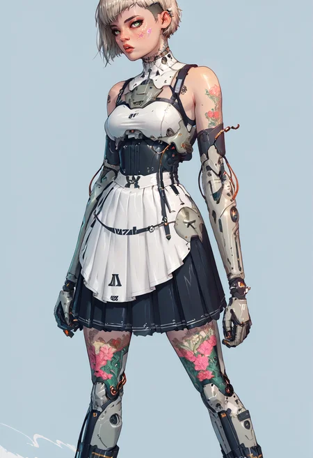 score_9,score_8_up,score_7_up,score_6_up,score_5_up,score_4_up,1 girl,solo,female focus,looking at the spectator,(Heart-shaped face, dark green eyes, slightly pouty lips, short pixie-cut platinum blonde hair, 5'7", 130 lbs, medium breasts, narrow waist, athletic build, a celestial tattoo on the wrist, light olive skin, high cheekbones, and a delicate chin.:1.3),(A white lace bra combined with a pastel pink puffy mini skirt, complemented by elegant white high heels on a platform, with delicate lace patterns and a skirt made of high-quality tulle for a soft, dreamy look.:1.3),(plain contrasting background:1.3),(full-length:1.5),hands,Perfect hand,Perfect feet,Perfect eyes,cyb0rg,science fiction,cable,mechanical parts,<lora:feet v3:1>,<lora:hand 4:1>,<lora:PerfectEyesXL:1>,zPDXL2,zPDXLpg,<lora:cyb0rgXLP:0.8>,<lora:add-detail-xl:1>,<lora:DP-Pony:1>,p33rs,<lora:incase-ilff-v3-4:0.2>,