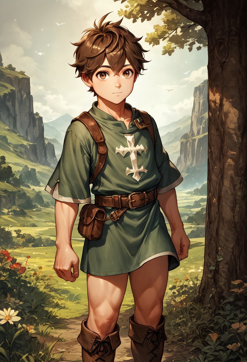 score_9, score_8_up, score_7_up, 1boy, solo,  cute boy, brown hair, brown eyes, tunic, belt, bare thighs, boots