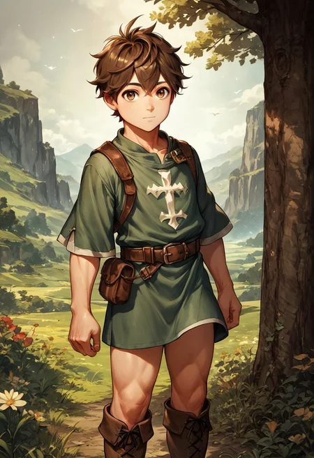 score_9, score_8_up, score_7_up, 1boy, solo,  cute boy, brown hair, brown eyes, tunic, belt, bare thighs, boots