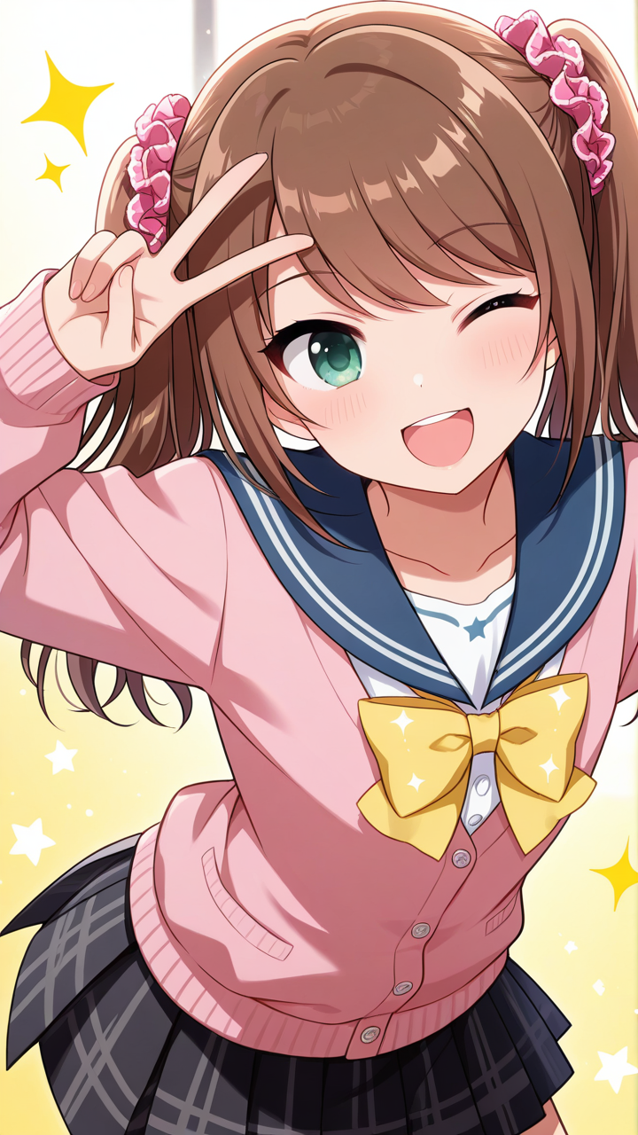 solo, wink, smile, open mouth, cute, star (symbol),, cute pose, v-pose, v, wink, cute, sparkle, sparkles,, masterpiece, best quality, amazing quality, very aesthetic, absurdres, newest, anime screencap, <lora:sakimizushimaILM:1>, mizushima saki, otoko no ko, brown hair, green eyes, twintails, long hair, hair ornament, sidelocks, pink scrunchie, swept bangs, school uniform, serafuku, blue sailor collar, collarbone, plaid clothes, plaid skirt, black skirt, pleated skirt, pink cardigan, yellow bow, yellow bowtie, buttons,