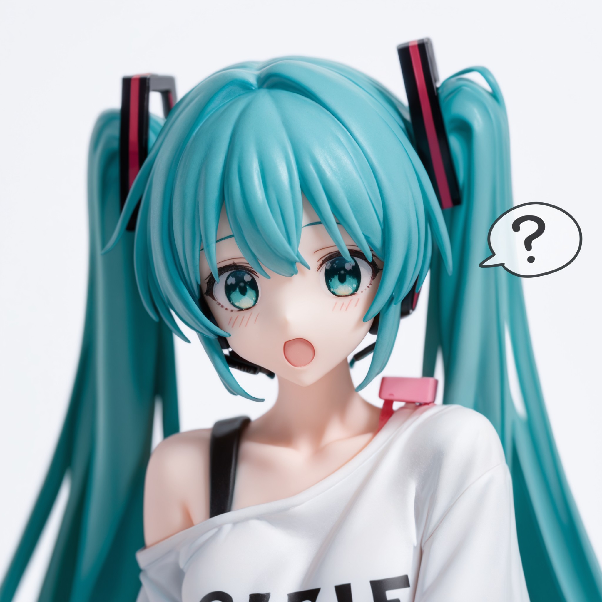 score_9,score_8,score_7_up, <lora:ChannelStyle-000020:1>,hatsune_miku, hatsune_miku_(vocaloid4), channel_(_caststation), 1girl, ?, aqua_eyes, aqua_hair, clothes_writing, english_text, hair_ornament, headphones, long_hair, off_shoulder, open_mouth, parody, shirt, short_sleeves, single_bare_shoulder, solo, spoken_question_mark, style_parody, t-shirt, twintails, upper_body, v4x, very_long_hair, white_background, white_shirt, bocchi_the_rock!, vocaloid, commentary, highres