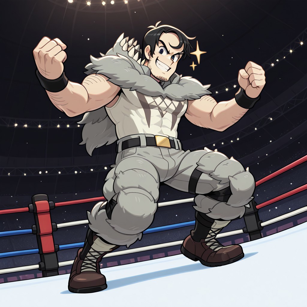 Dynamic pose, dynamic view, dynamic angle, cartoon source, solo, male focus, 1boy, beowulf, male,Black eyes, Black hair, sideburns, facial hair, mucular body, wolf suit, Upper body, official art, solo, fighting stance, full body, grin, looking at viewer, wrestling ring, stadium, sparkle, 
perfect anatomy, masterpiece, perfect quality, best quality, detailed, newest, very aesthetic