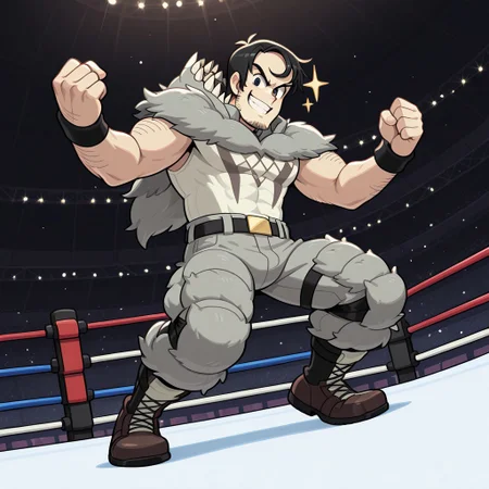 Dynamic pose, dynamic view, dynamic angle, cartoon source, solo, male focus, 1boy, beowulf, male,Black eyes, Black hair, sideburns, facial hair, mucular body, wolf suit, Upper body, official art, solo, fighting stance, full body, grin, looking at viewer, wrestling ring, stadium, sparkle,
perfect anatomy, masterpiece, perfect quality, best quality, detailed, newest, very aesthetic