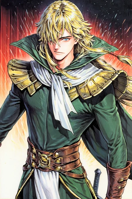 masterpiece, best quality, amazing quality, cyb88, traditional media, GOHAXI, 1boy, male focus, blue eyes, hair over one eye, long hair, blonde hair, tied hair, white neckerchief, (gold shoulder armor, pteruges), (green tailcoat, high collar, gold trim), (pelvic curtain, gold trim), green pants, brown belts, solo, upper body, looking at viewer