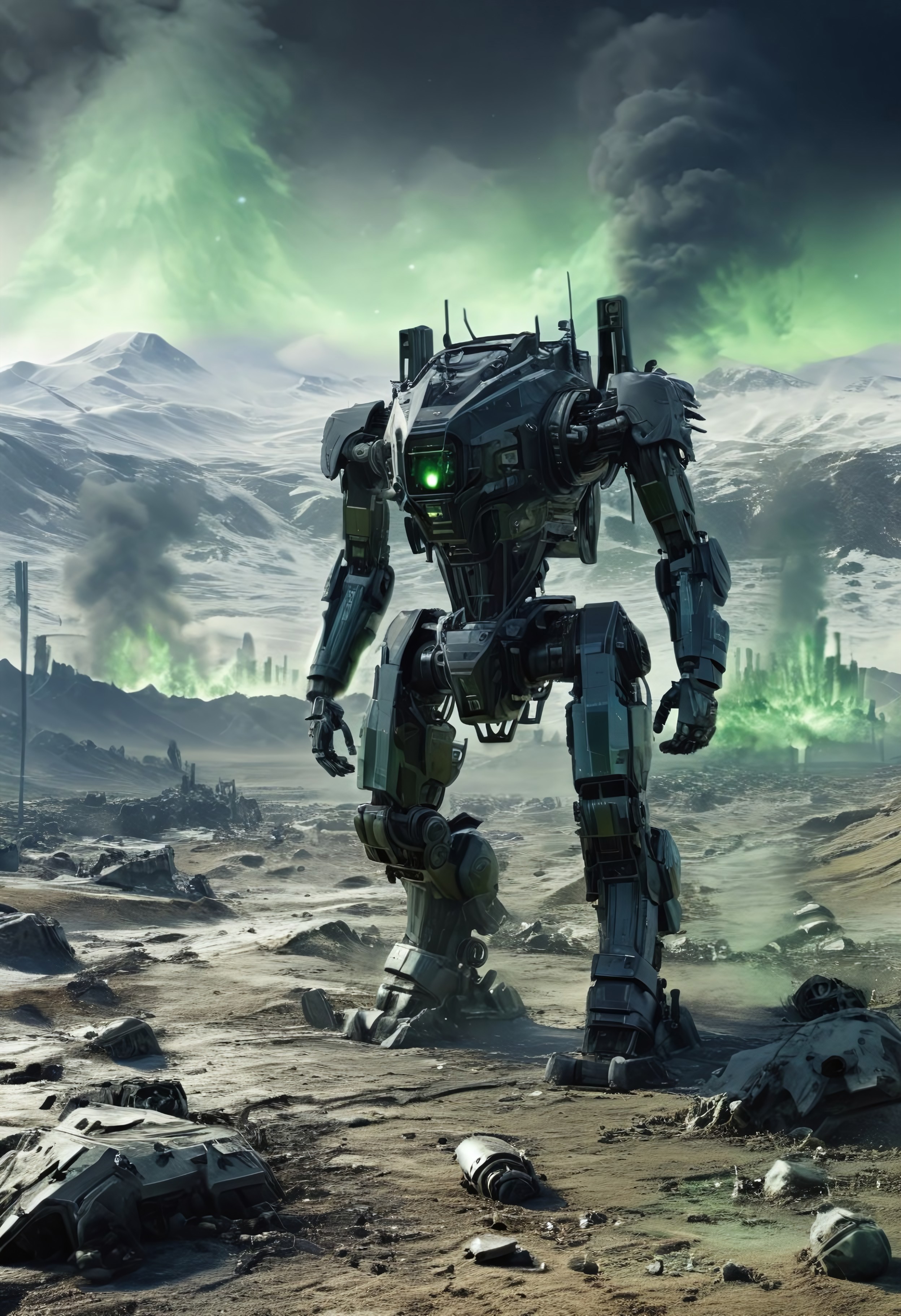 snowy mountain, higly detailed, black oil, shiny, slender, mecha,  standing in front of a battlefield surrounded by translucent cyborgs, stripes, explosions in the background, stars in background, green smoke, desert everywhere, easynegative, ng_deepnegative_v1_75t