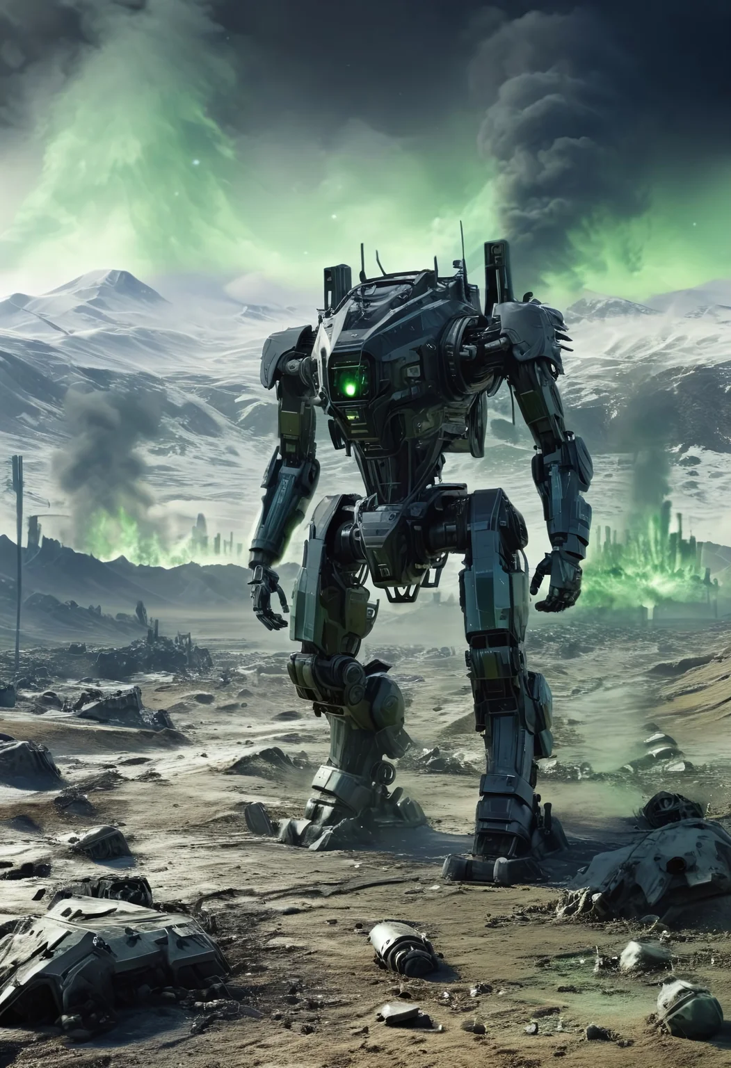 snowy mountain, higly detailed, black oil, shiny, slender, mecha, standing in front of a battlefield surrounded by translucent cyborgs, stripes, explosions in the background, stars in background, green smoke, desert everywhere, easynegative, ng_deepnegative_v1_75t