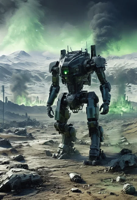 snowy mountain, higly detailed, black oil, shiny, slender, mecha, standing in front of a battlefield surrounded by translucent cyborgs, stripes, explosions in the background, stars in background, green smoke, desert everywhere, easynegative, ng_deepnegative_v1_75t