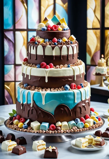 A masterpiece of a giant cake, geometric and lyrical abstraction painting presenting, (Faramir:1.3) , Faramir is Mystifying, Grunge Art, Depth of field 270mm, Technicolor, oil on metal, best quality, high resolution, painterly, large, Jed-ChocoC, chocolate, cereals, <lora:last:0.7>, Jed-whtccae, <lora:WhiteChocoStyle-000005:0.6>, Jed-mrshmlw, <lora:MarshmallowStyle-000007:0.5>, Icing, stunningly beautiful background, masterpiece, positive emotions, unique, lush, beautiful elegant, delicate, badge