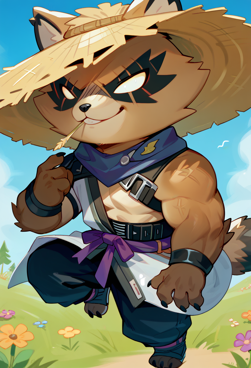 score_9, score_8_up, score_7_up, hi res, high quality, h4j1me, fortnite, furry, 1boy, solo, smug, cute, chibi, straw hat, <lora:Hajime_Fortnite:1>