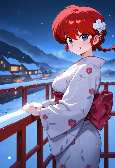 ranma, red hair, masterpiece, best quality, amazing quality, ultra detailed, solo, 1girl, adult, print kimono, hair ornament, night, particles, grin, looking at viewer, snow, cowboy shot, from side, handrail, valley, town, fog,