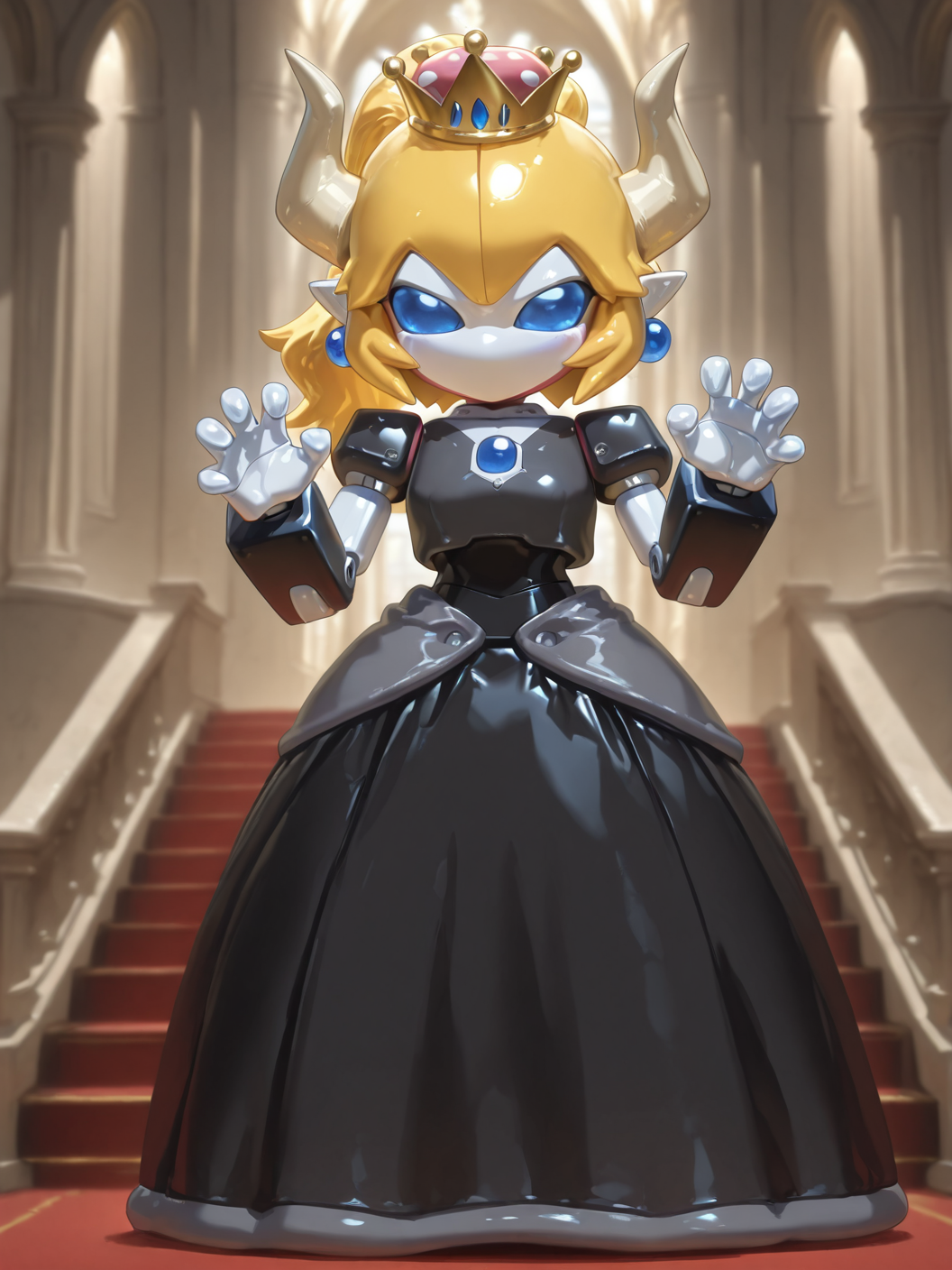 (1girl:1.2), (general:1.3), (extremely detailed background:1.5), (extremely detailed:1.5), (super detailed skin:1.5), (beautiful detailed eyes:1.5), (extremely detailed skin:1.3), (shiny skin:1.1), (soft-edged:2.0), (photorealistic:1.5), (hyperrealistic:1.5), BREAK
(medarot:1.7), robot girl, solo, <lora:Bowsetteã¯ããå§«ããªãªã·ãªã¼ãº:0.7> Bowsette, yellow_hair, ponytail, wavy hair, blue_eyes, pointy_ears, horns, crown, earrings, huge_breasts, bare shoulders black dress, no nose, no mouth, (no humans:1.3), (no sclera:1.3), mechanical eye, castle, stone wall, claw pose, v-shaped eyes, BREAK
(photo background:1.1), (8K resolution:1.2), (masterpiece:1.2), best quality, amazing quality, very aesthetic, absurdres, newest, (ultra detailed:1.3), (uhd:1.1), scenery, <lora:cfg_scale_boost:0.3> <lora:noob1.1-lineart_adjust_mult-mki:-2.0> BREAK