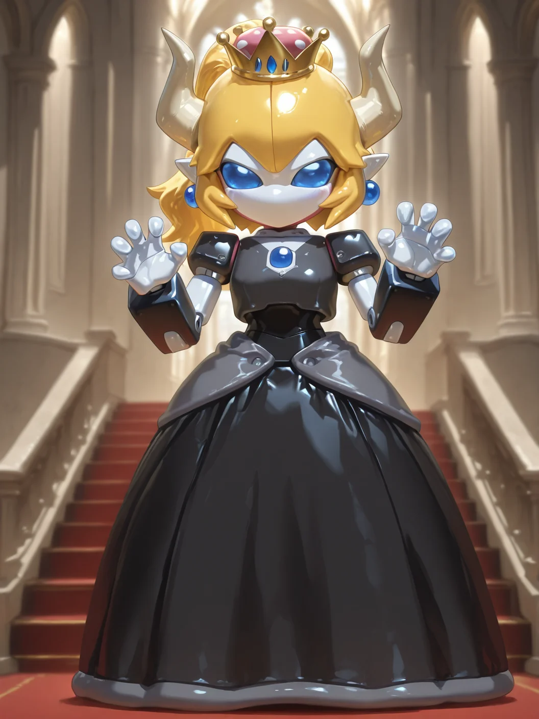 (1girl:1.2), (general:1.3), (extremely detailed background:1.5), (extremely detailed:1.5), (super detailed skin:1.5), (beautiful detailed eyes:1.5), (extremely detailed skin:1.3), (shiny skin:1.1), (soft-edged:2.0), (photorealistic:1.5), (hyperrealistic:1.5), BREAK
(medarot:1.7), robot girl, solo, <lora:Bowsetteã¯ããå§«ããªãªã·ãªã¼ãº:0.7> Bowsette, yellow_hair, ponytail, wavy hair, blue_eyes, pointy_ears, horns, crown, earrings, huge_breasts, bare shoulders black dress, no nose, no mouth, (no humans:1.3), (no sclera:1.3), mechanical eye, castle, stone wall, claw pose, v-shaped eyes, BREAK
(photo background:1.1), (8K resolution:1.2), (masterpiece:1.2), best quality, amazing quality, very aesthetic, absurdres, newest, (ultra detailed:1.3), (uhd:1.1), scenery, <lora:cfg_scale_boost:0.3> <lora:noob1.1-lineart_adjust_mult-mki:-2.0> BREAK
