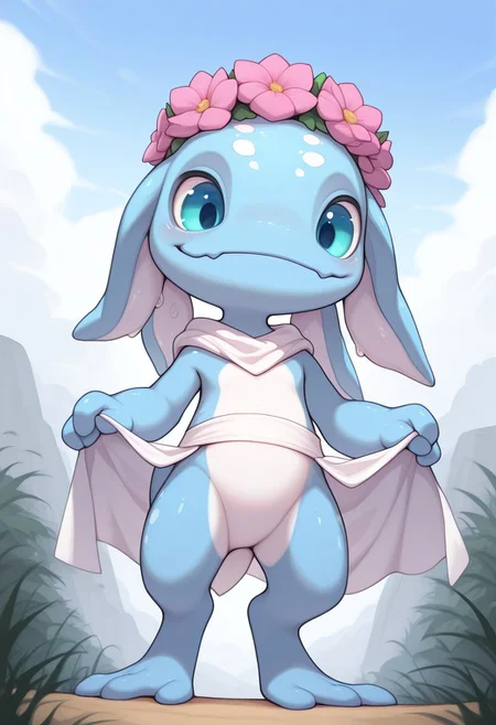 masterpiece, best quality, amazing quality, very aesthetic, absurdres, newest, extreme detail,fantastic,4k,8k,hdr,1boy,solo, BREAK Fizz(/amphibian,marine,slim,yordle, colored skin,blue skin,short tail,cute,tiny/),super-realism,cloud,greek costume,floral crown, legs,dim,furry114514,waist band,white cloth