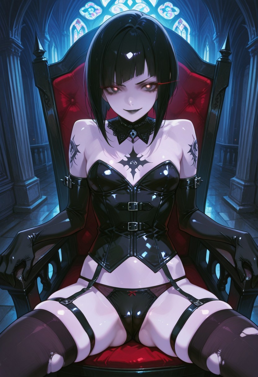 absurdres, masterpiece, best quality, very aesthetic, HDR, 8K, ultra-detailed, anime, 748cmstyle, inside, cathedral, from above, 
1girl, SadisTrix, solo, inverted bob hair, black hair, pale skin, black eyes, glowing eyes, tattoo, makeup, black lips, small breasts, gothic, elbow gloves, corset, torn thighhighs, thigh strap, panties, cameltoe, skindentation, shiny skin, dominant female, (skinny), looks at viewer, sitting at throne, spread legs, power pose, evil smile),