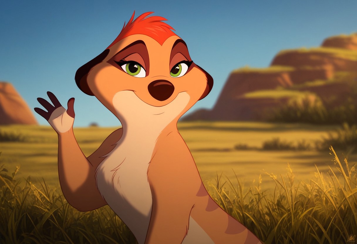 score_9, score_8_up, score_7_up, solo,  Expressiveh, (Timon'sMa, female meerkat, brown body, brown fur, tan body, tan fur, two tone body, two tone fur, green eyes, red hair, short hair, brown nose, furry, anthro), cowboy shot, smile, waving, standing, africa, grass, afternoon, female focus, looking at viewer, detailed background, 4k, masterpiece, best quality, highly detailed, realistic