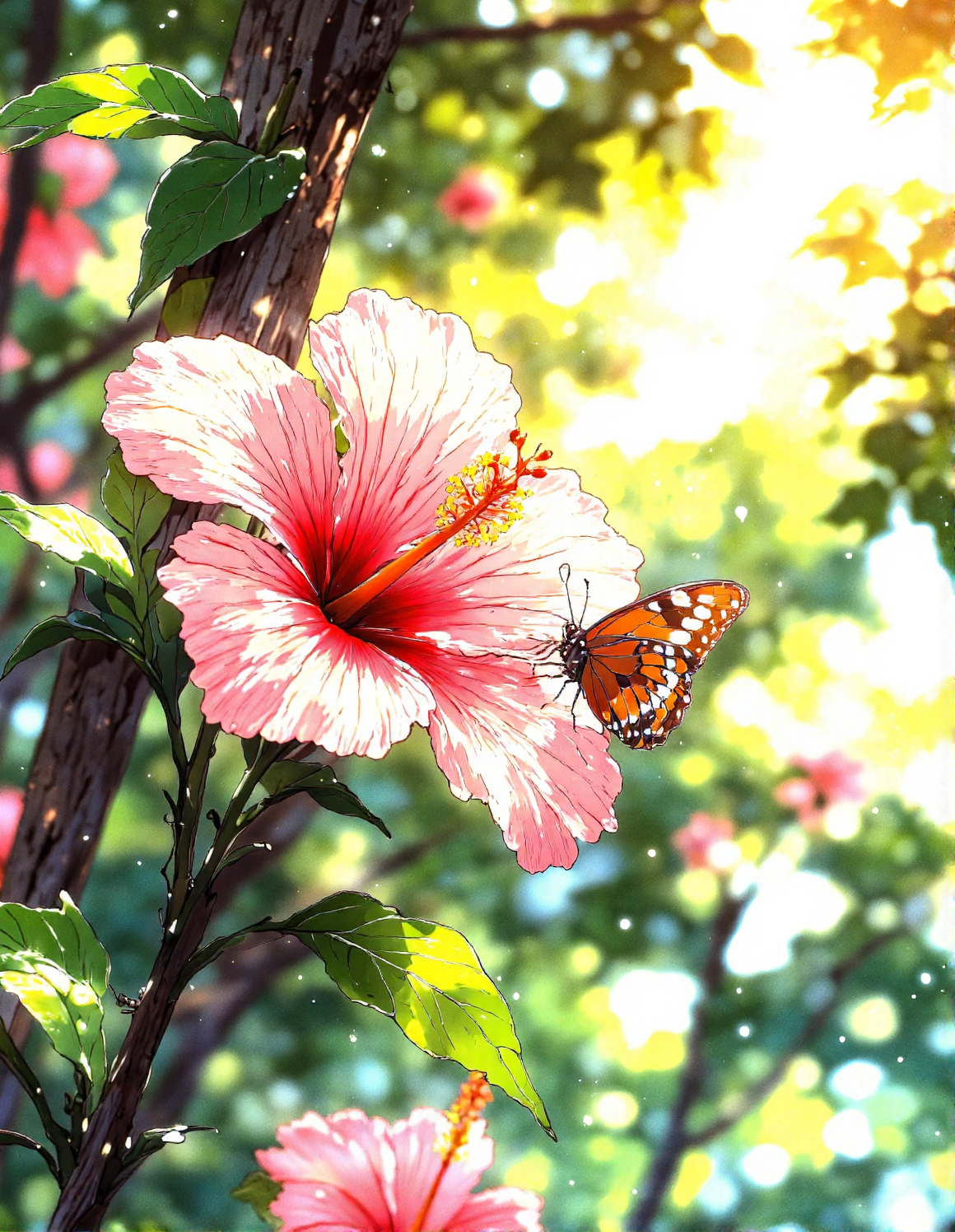 serene, sun-drenched nature macro close up photograph in anime style. Picture a pale pink hibiscus flower in full bloom, with delicate veined petals and a prominent yellow pistil.  A butterfly with patterned wings in shades of orange, white, and brown is delicately landing on the edge of the flower. The flower and butterfly are positioned on a brown branch that cuts diagonally across the frame. Bright sunlight streams from the top right, casting rays of light through the surrounding green leaves and branches, which are softly blurred in the background. The overall scene is warm, inviting, and focused on the delicate beauty of nature, <lora:aidmaMJ6.1_v0.5_3:0.7>, <lora:Vibrantly_sharp_style_v.2:1>, <lora:Cozy_Paradise:0.8>, <lora:RetroAnimeFluxV1:0.4>