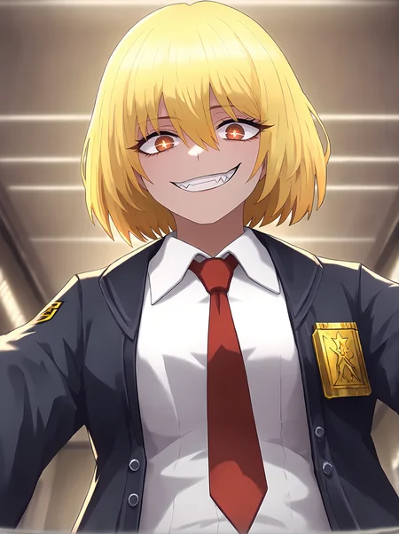 score_9,
<lora:limbus_company_v1_pruned:1>,
1girl, medium hair, yellow hair, brown eyes, hair between eyes, bob cut,
symbol-shaped pupils,
<lora:gesugao_v1_pruned:0.8>, gesugao, evil grin,
from below,
white shirt, black jacket, red necktie, open jacket,
high resolution, Masterpiece, detailed