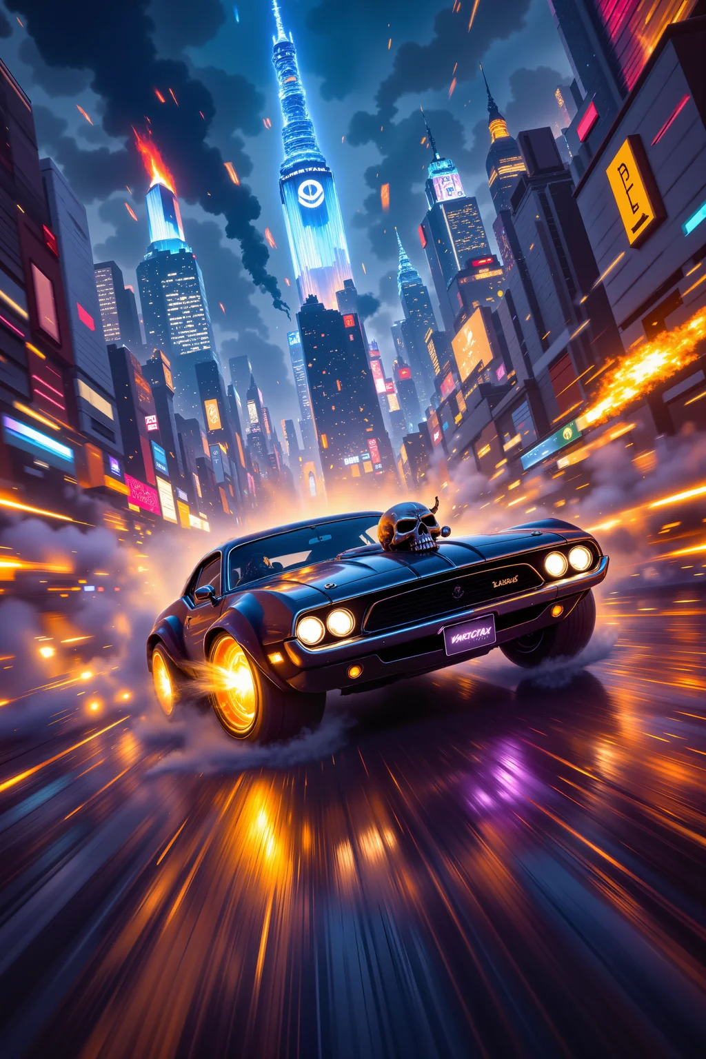 A chaotic cityscape bathed in the neon glow of streetlights is torn apart by a wild street race, cars launching off ramps and skidding through intersections at breakneck speed. In the foreground, a tricked-out muscle car with oversized rear tires and flaming exhaust burns rubber, leaving a trail of smoke and sparks. The city skyline behind is shattered, as if the force of the speed has cracked reality itself. A metal skull with a checkered bandana grins wickedly from the hood of the lead car, its empty sockets reflecting the chaos. <lora:aidmaImageUpgrader-FLUX-V0.2:0.5><lora:PinkieFluxProUltraFantasia><lora:FluxDFaeTasticDetails:0.7>