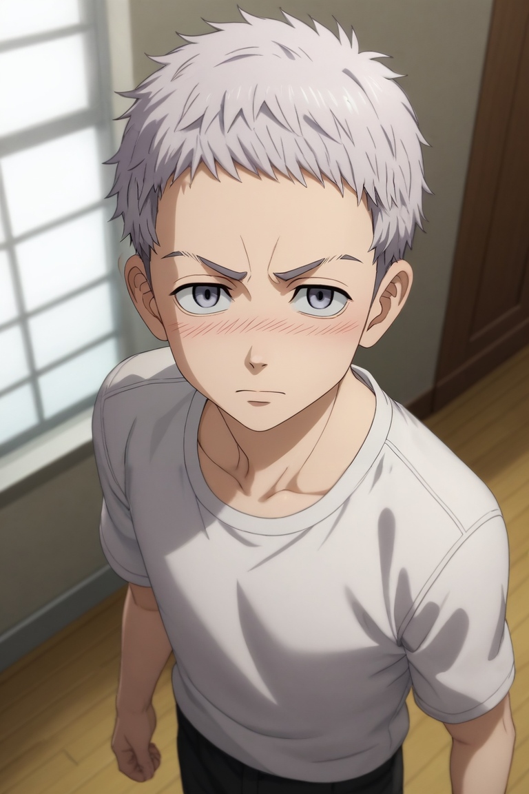 score_9, score_8_up, score_7_up, source_anime, rating_safe, , (3d:0.4), , depth of field, 1boy, solo, male focus, <lora:takashi_mitsuya_pony:0.84>, takashi_mitsuya, grey hair, grey eyes, short hair, from above, full body, skytree, indoors, light, (dynamic pose), shy, blush, , <lora:sdxl_lightning_8step_lora:1>