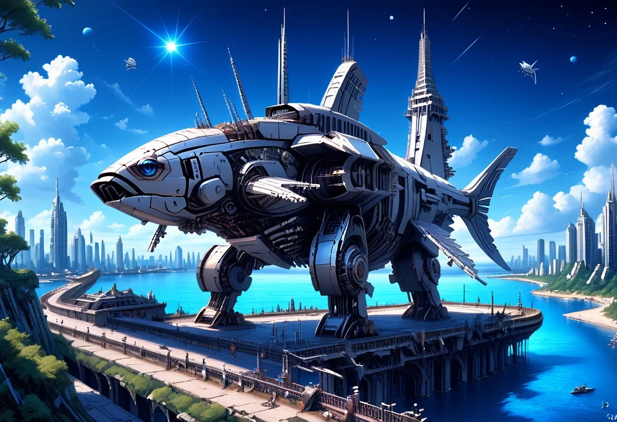 fastenerswm, scenery,building,city,water,cityscape,sky,outdoors,cloud,cloudy sky,bridge,day,ruins,skyscraper,blue sky,ocean,tower,tree,fish, mecha,science fiction,no humans,glowing,retro artstyle,space,star \(sky\),planet,earth \(planet\),space craft,starry sky,weapon,milky way, by advntr,