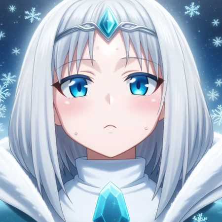 mana_sk style, portrait, focus on face, a fierce frost archer girl with long, sleek silver hair and icy blue eyes, wearing a fur-lined hood and a circlet adorned with frost crystals, her gaze sharp and focused, cold mist surrounding her face as snowflakes gently fall, Japanese RPG style, chilling and majestic atmosphere, intricate details on her hood and frost crystals