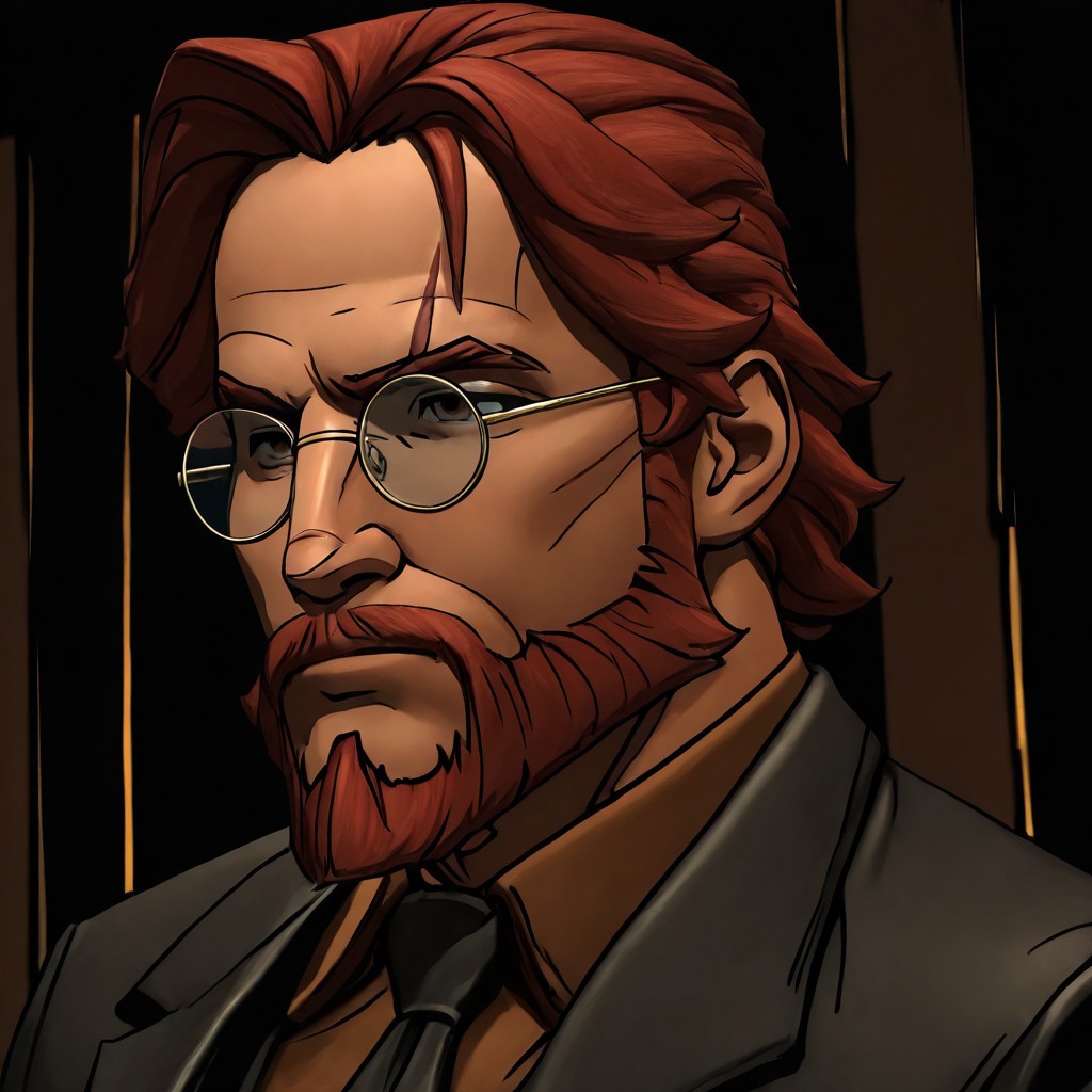 WolfAmongUSStyle-IL.V1.0, best quality, masterpiece, 1boy, glasses, red hair, suit, round glasses, beard, facial hair, mustache, scar, scars on face
