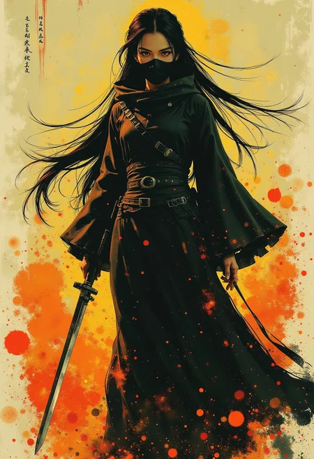 splash art, ink on rice paper, breathtaking detailed, masterpiece, awe-inspiring, radiant, magnificent, stunning oriental woman, long hair, mouth veil, assassin, black robes, weapons, silhouetted, light hitting face