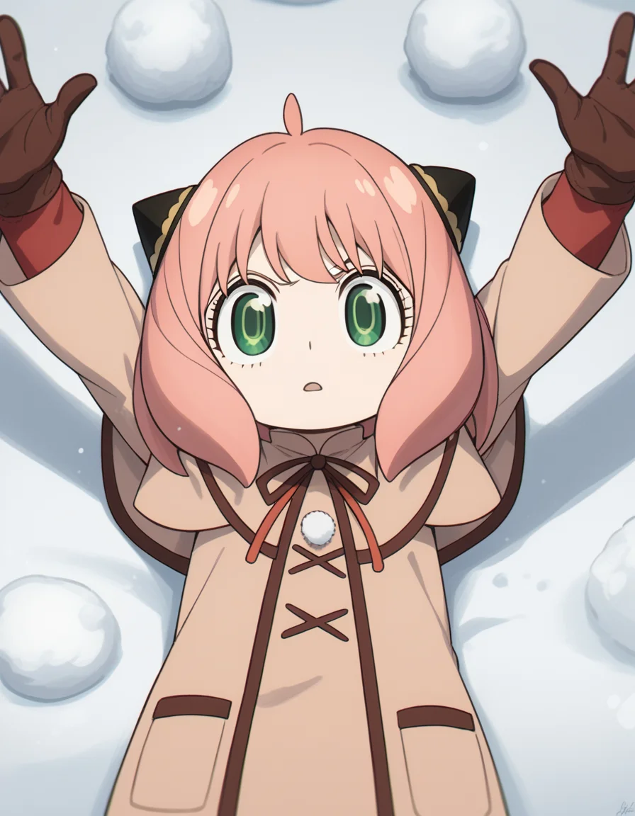 score_9, score_8_up, score_7_up, source_anime, <lora:anya-forger-movie-ponyxl-lora-nochekaiser:1>, anya forger, anya (spy x family), bangs, green eyes, pink hair, ahoge, child, female child, hairpods,, gloves, long sleeves, ribbon, brown gloves, capelet, robe,, snow day, winter clothes, snowball fight, laughter, cold breath, white landscape, , , on back, arm support, arms up, incoming hug, pov, reaching, reaching towards viewer,, solo,, cowboy shot, dutch angle,