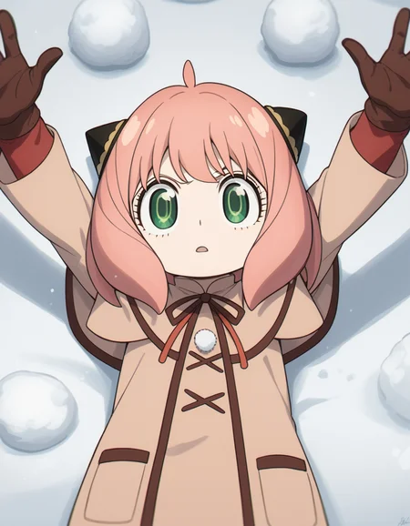 score_9, score_8_up, score_7_up, source_anime, <lora:anya-forger-movie-ponyxl-lora-nochekaiser:1>, anya forger, anya (spy x family), bangs, green eyes, pink hair, ahoge, child, female child, hairpods,, gloves, long sleeves, ribbon, brown gloves, capelet, robe,, snow day, winter clothes, snowball fight, laughter, cold breath, white landscape, , , on back, arm support, arms up, incoming hug, pov, reaching, reaching towards viewer,, solo,, cowboy shot, dutch angle,