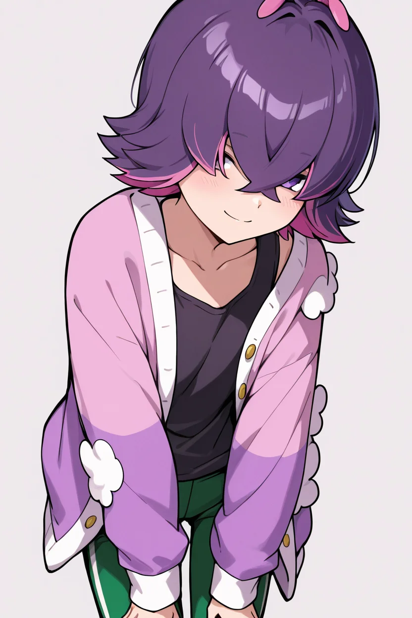masterpiece, best quality, 1girl, solo, aaDotPKMN, purple eyes, purple hair, pink hair, multicolored hair, two-tone hair, short hair, hair over eyes, bangs, black shirt, long sleeves, jacket, open clothes, green pants, smile, looking at viewer, <lora:DotPokemonIXL_v1:1.0>, , cowboy shot, leaning forward, smile, looking at viewer, shiny skin,