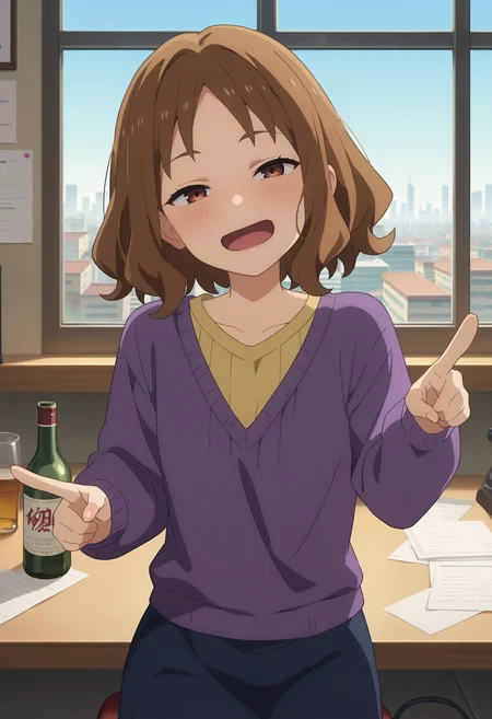 score_9, score_8_up, score_7_up, anime screencap, source_anime, 1girl, solo,
<lora:Konami_Amanatsu_Makeine_V1:.85>, KJOkonami, brown hair, dark eyes, medium hair, 
purple sweater, skirt, yellow shirt,
drunk, open mouth, looking at viewer, pointing, head tilt, blush, 
office, window, cityscape,
(Beautiful, small Breasts:1.2),