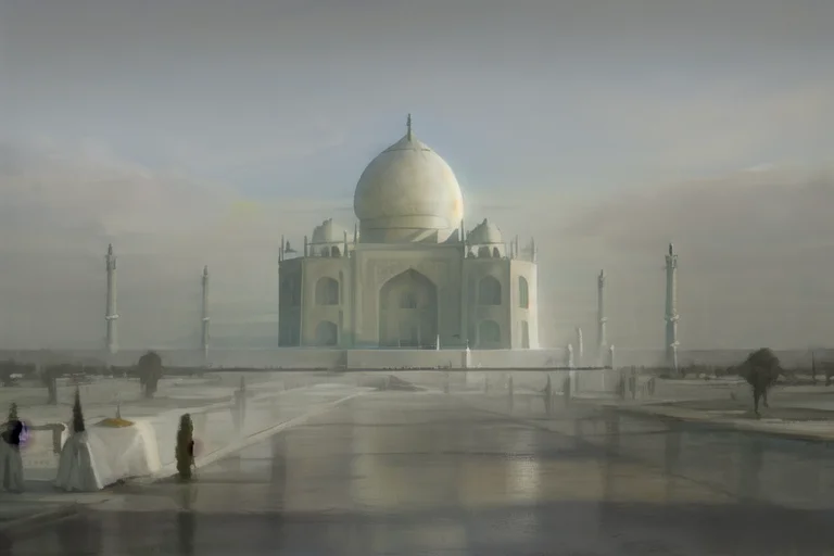 a painting of a large white building with a large dome on top of it's side and a few people standing in front of it