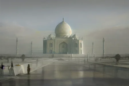 a painting of a large white building with a large dome on top of it's side and a few people standing in front of it