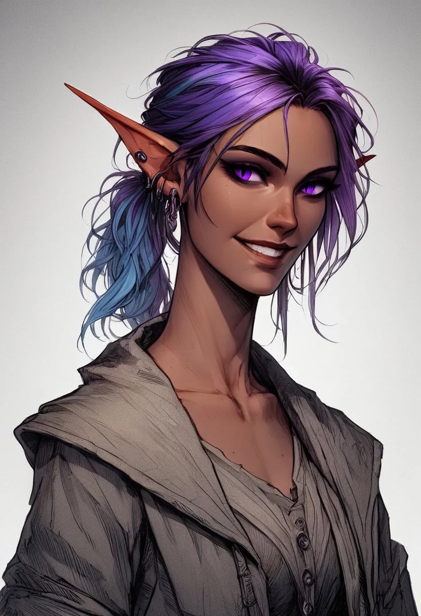 score_9, score_8_up, score_7_up, score_6_up, cinematic lighting, raw, high quality, 4k resolution, absurdres, dynamic lighting, high contrast, masterpiece, best quality,
1futanari, human, mature, (short pointy ears, short ears), silver earrings, petit, tan skin, ((two colored hair, light blue hair, purple hair)) ponytail, wavey hair, (purple eyes, slit eyes, unusual eyes),
solo, (minimalism:1.2), flat-colors, flat-shading, monochrome, (spot-color), smile, grin, head-tilt, clothed, portrait, facing-viewer, abstract-background, two-tone-background, gradient-background, detailed hair, volumetric lighting, realistic-lighting,