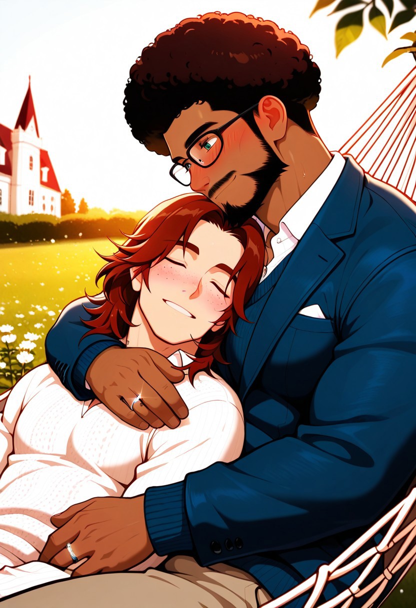 ((Expressiveh) (fcHeatPortrait) (spring background, mansion, backyard, outside, , clear skies, daytime) (masterpiece, best quality, cinematic lighting, depth of field, best shadows, detailed textures),  (dutch angle)
 (2boys),   afro, dark red hair, dark red facial hair, long goatee, mustache,  closed eyes,smile, blanket, button up undershirt, brown eyes,closed eyes, sleeping, , in love, green eyes,  yaoi, gay, bara,  jacket,  breathing, blushing,  wedding ring,l, button up shirt, looking at each other,  interracial, head tilt, cuddling, happy, affectionate gesture, laying on hammock,, engagement ring, fair skin, ,   athletic, , sweater, freckles, glasses,   pants,  Romantic,   Spring, in private, ,brown hair, beard, blue eyes, glasses, size difference, rich man,
