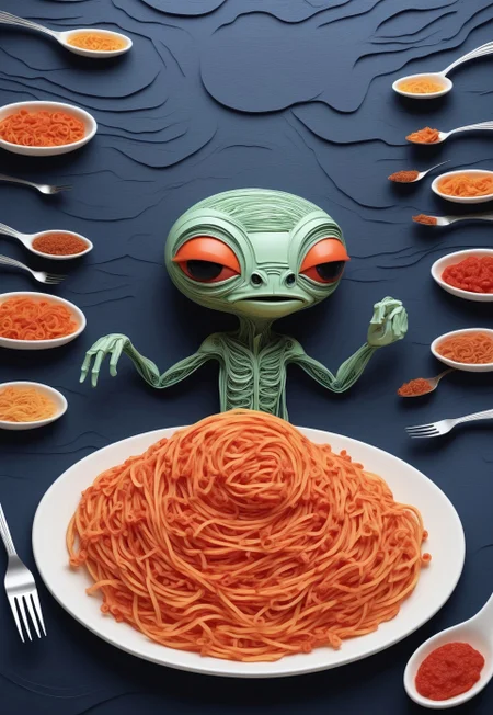Paper quilling, layered paper. (A quilled alien struggling to figure out how to eat spaghetti with a fork). (Background: a UFO with other aliens facepalming in layered paper detail).
4k, high quality, masterpiece,