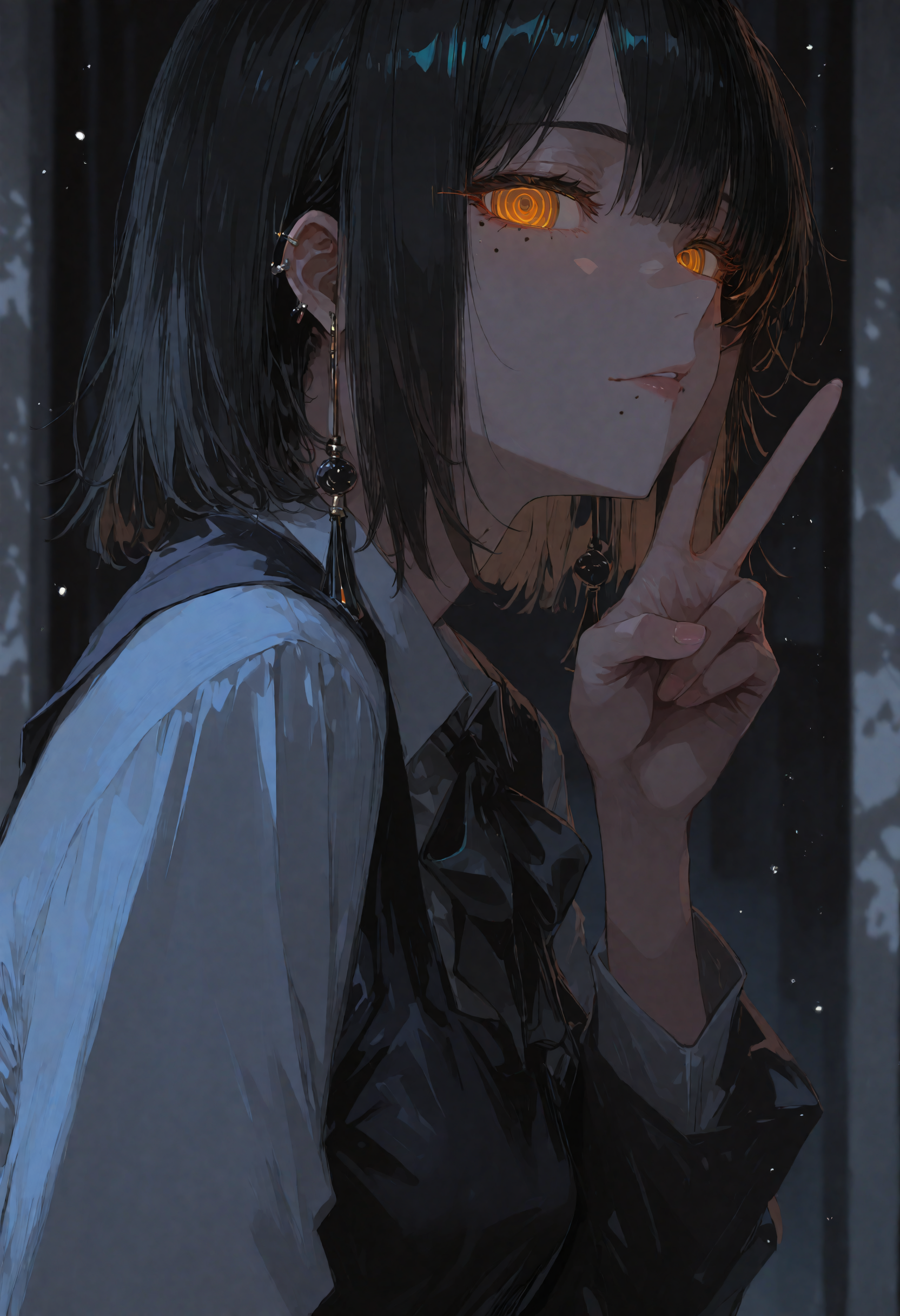 masterpiece, best quality, newest, absurdres, highres, very awa, anime screencap, no lineart:1.3, sketch, foreshortening:1.8, painting \(medium\), traditional media, ambient occlusion, depth of field, intricate background, ethereal glow, ethereal particles, dappled light, ringed eyes, 1girl, from side, mole, mole under mouth, multiple moles, tassel earrings, fourth east high school uniform, jewelry, solo, pinafore dress, school uniform, earrings, mole under eye, looking at viewer, tassel, sleeveless dress, glowing eyes, hand on own face, v, sleeveless, yellow eyes, dress,  orange eyes, shirt, short hair, blood, medium hair, eye focus