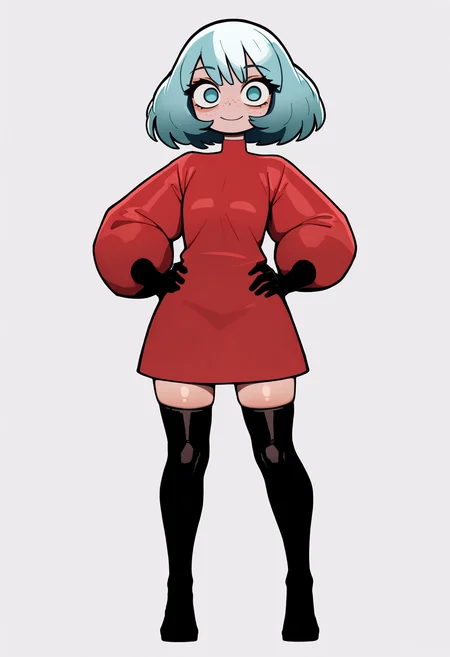best quality, amazing quality, very aesthetic, absurdres, thick lineart,
1girl, gris, blue eyes, freckles, blue hair, short hair, bangs,
red shirt, long sleeves, black elbow gloves, puffy sleeves, black thighhighs,
hands on hips, standing, full body,
standing, smile, looking at viewer, solo, simple background, white background <lora:GrisNoobXL_byKonan:1>