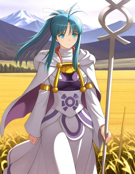 <lora:1_illu_tony_26e:1> tonyt, <lora:1_illu_mia_32e:1> m14, 1girl, solo, blue hair, blue eyes, long hair, ponytail, hair ribbon, robes, staff, cowboy shot, walking, field, mountains, tress, (masterpiece, best quality, amazing quality)