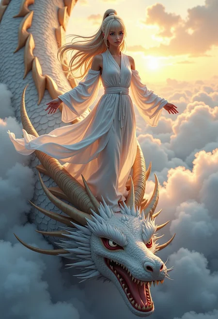This is a highly detailed, digital illustration in a realistic fantasy style,
The image shows Lea, a girl with fair, porcelain-like skin, long platinum-blonde hair with bangs that frame her face, and a petite, slender figure, and a small nose, small breast, and blue eyes. 
A close-up of an Eastern dragon's head partially visible, emerging swiftly from thick clouds with dynamic motion blur that emphasizes the sense of speed. Standing confidently on the dragon's head between its two large horns is lea, who is the central focus of the image. She is dressed in flowing white robes that billow dramatically in the wind, adding a sense of grace and ethereal movement. Her expression is one of unwavering determination, her eyes fixed forward with a strong, resolute gaze. The dragons head is only partially shown to emphasize her as the main subject, with its intricate scales and glowing eyes partially visible, adding a sense of power and mysticism. The background features swirling clouds illuminated by a soft, golden light from the setting sun, enhancing the dreamlike, mythical atmosphere of the scene. The entire image is captured in a hyper-realistic style with ultra-fine details, showcasing every texture of the fairy's flowing robes and the dragon's scales. . The scene conveys a powerful and enchanting moment, filled with motion and mythical beauty.